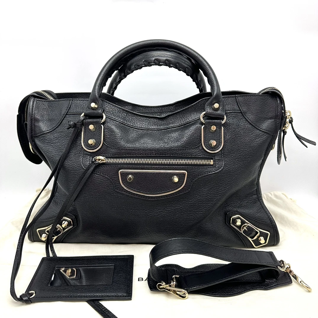 95新 Balenciaga/巴黎世家 黑色LeCity大号单肩机车包 41507