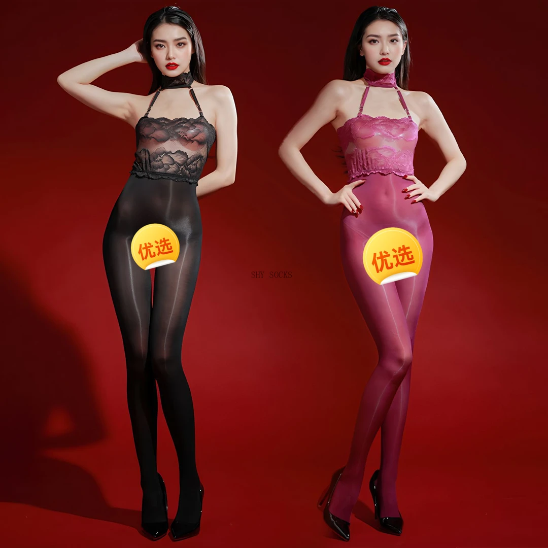 SHYSHOP油亮蕾丝挂脖抹胸连体丝袜5D超薄丝滑