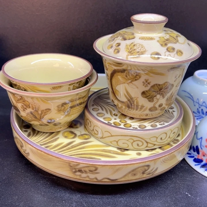 瓷片釉里金鱼藻纹五件套全品