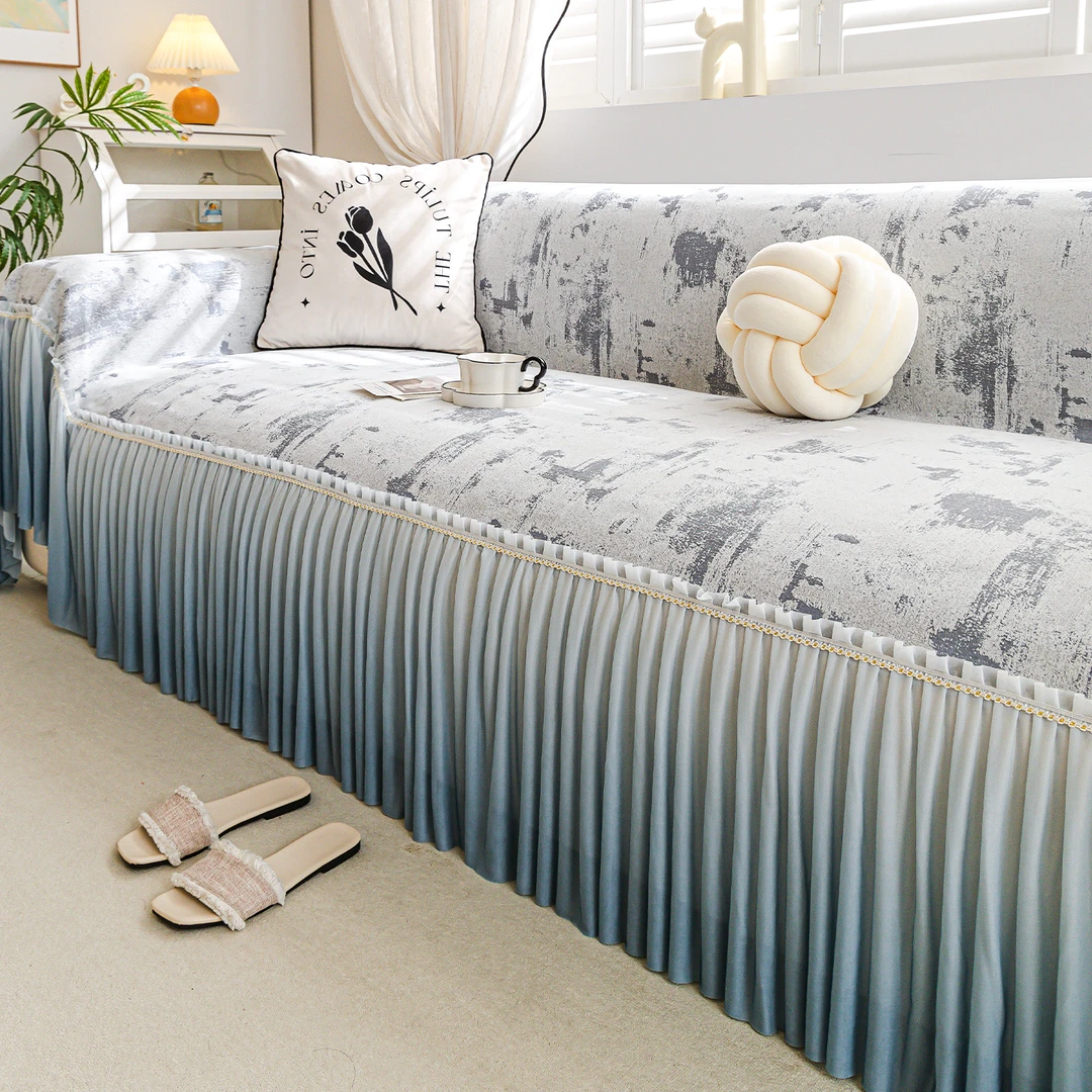 雪尼尔沙发巾法式裙摆边奶油风四季通用防猫抓全包沙发套罩盖毯布