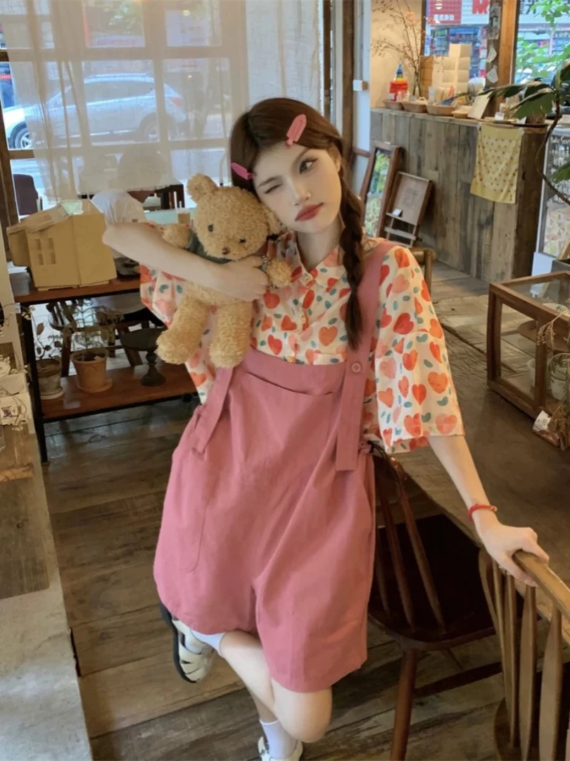 韩系甜美休闲套装女春季2025新款爱心衬衫叠穿背带连体短裤两件套