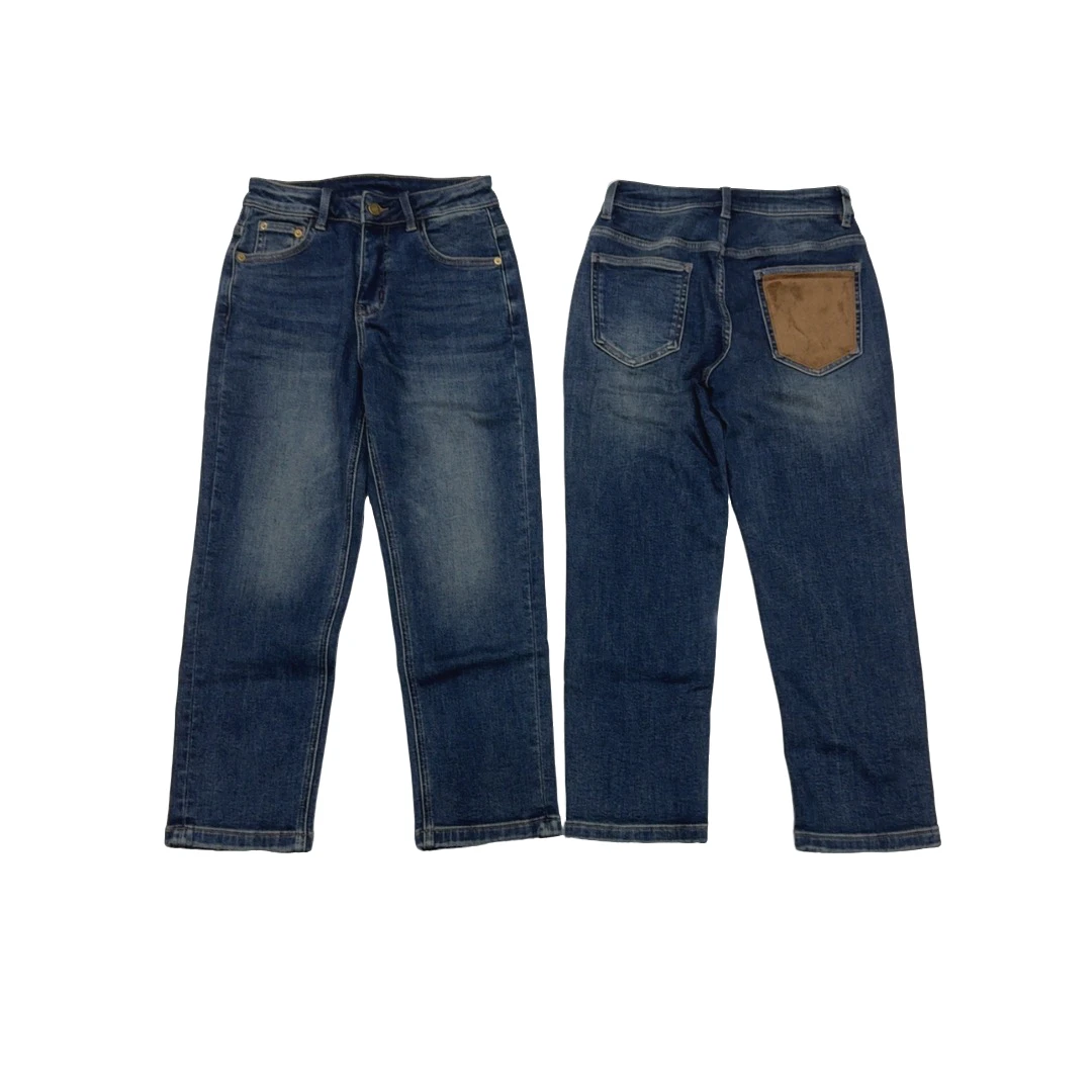 唯速2025秋冬抓毛蓝色拼兜口显瘦九分小直筒烟管牛仔裤女