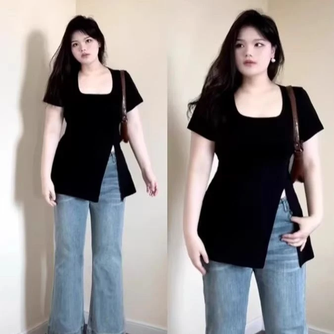 】胖mm大码纯棉正肩方领短袖修身T恤夏季遮肚子中长款开叉显瘦上衣