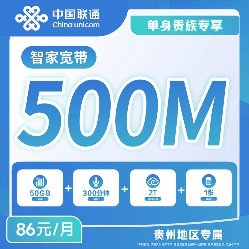 【贵阳联通清镇营业厅】86米智家融合宽带套餐/500M宽带/1主1副