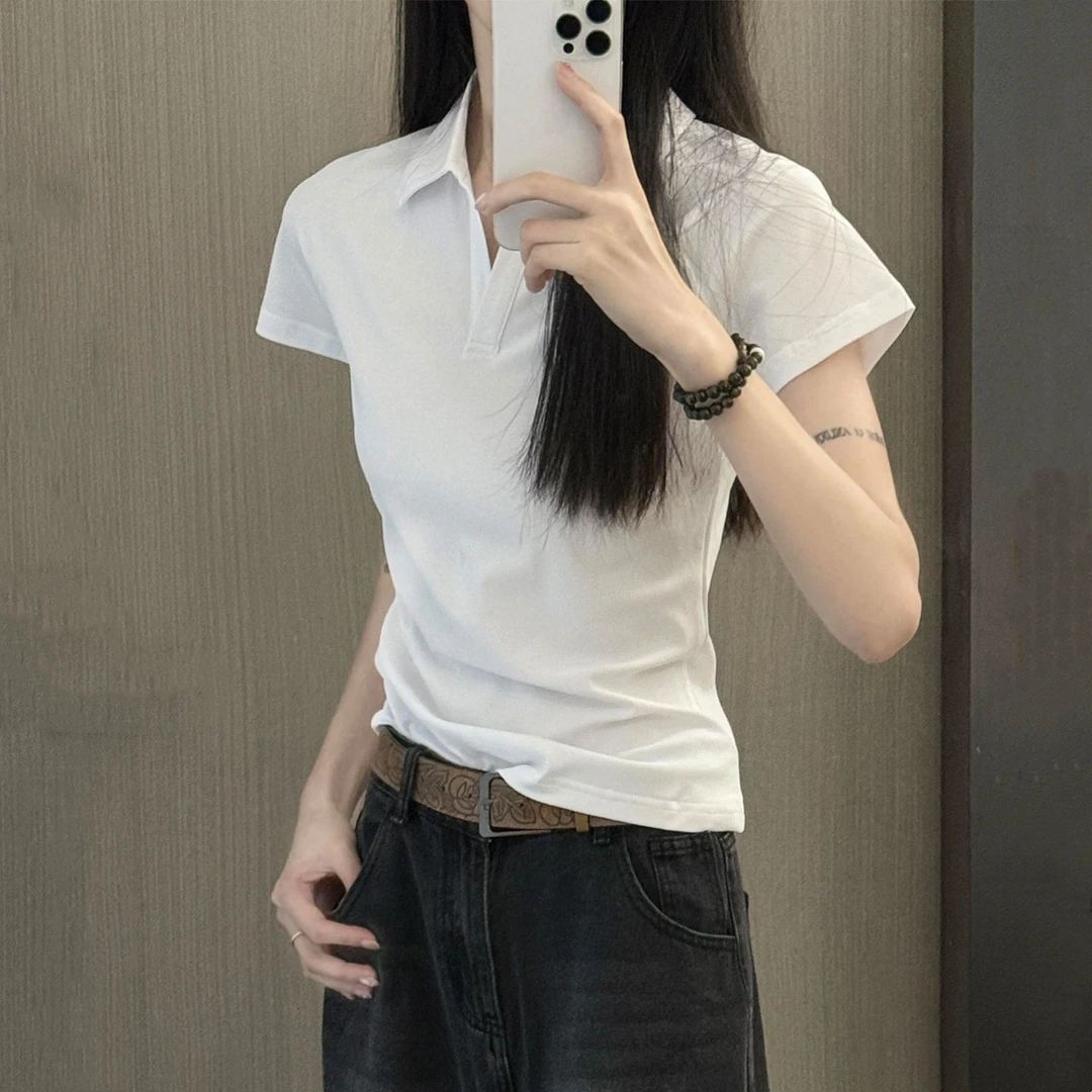 螺纹正肩POLO衫翻领短袖t恤女夏季美式辣妹短款收腰修身显瘦上衣
