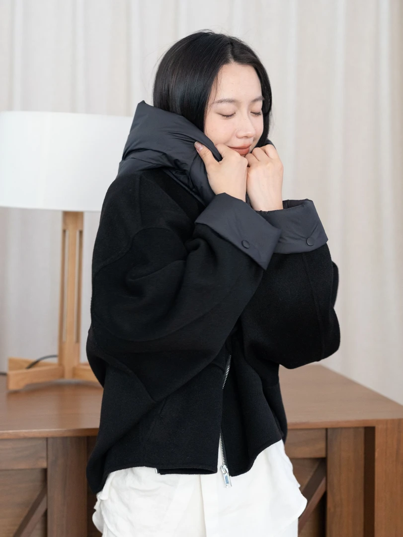 BDN【羽绒拼接】25秋冬直筒型连帽可拆卸拼接短羊毛大衣韩版宽松