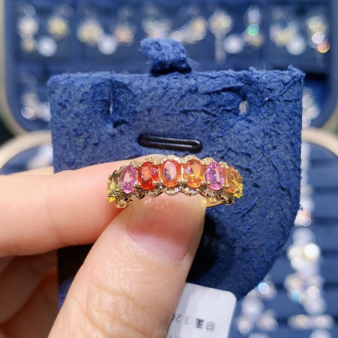 【闪购商品】戒指蓝宝石18K金镶嵌彩虹排戒