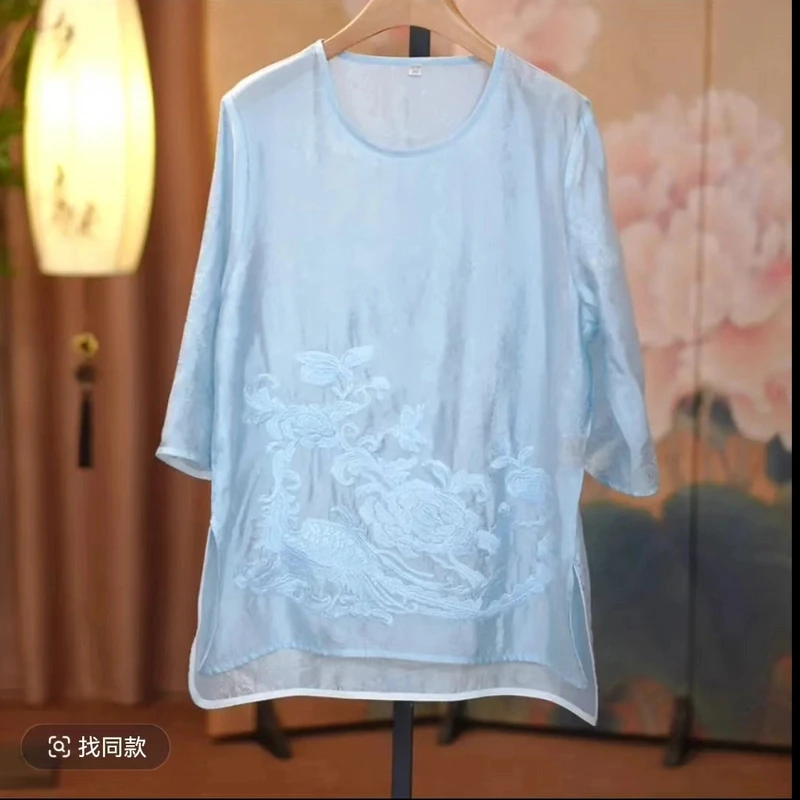 4011【诺初】长袖常规款薄款刺绣碎花圆领上衣