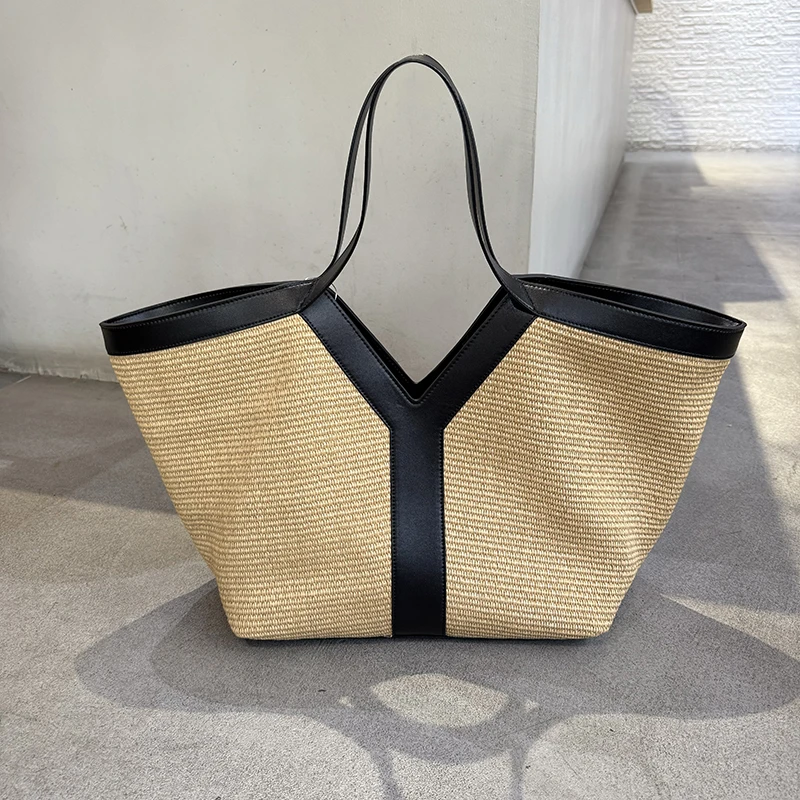 头层牛皮拼拉菲草Y托特包新款慵懒风草编大容量单肩腋下包沙滩包