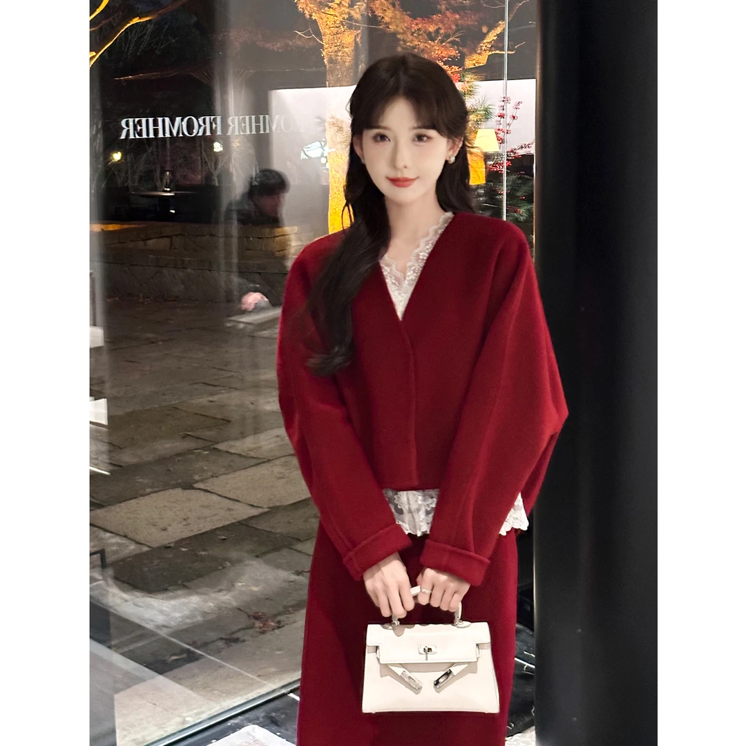 SHAOE清仓专场【约定终生】时尚套装女冬红色羊毛上衣高腰显瘦半裙