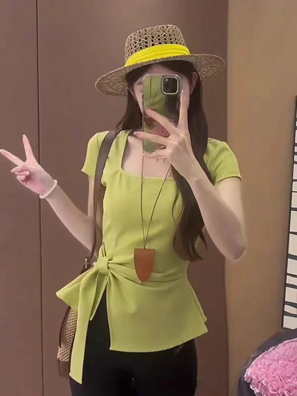 夏日多巴胺方领短袖t恤女夏季设计感不规则绑带收腰显瘦上衣