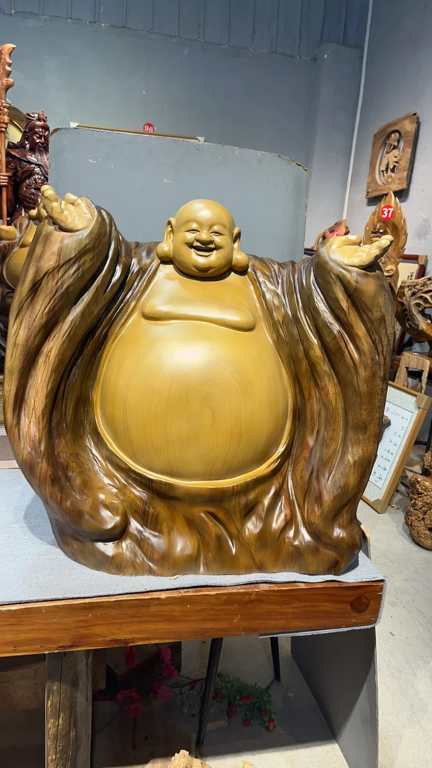 香樟木笑迎天下根雕摆件，70高
