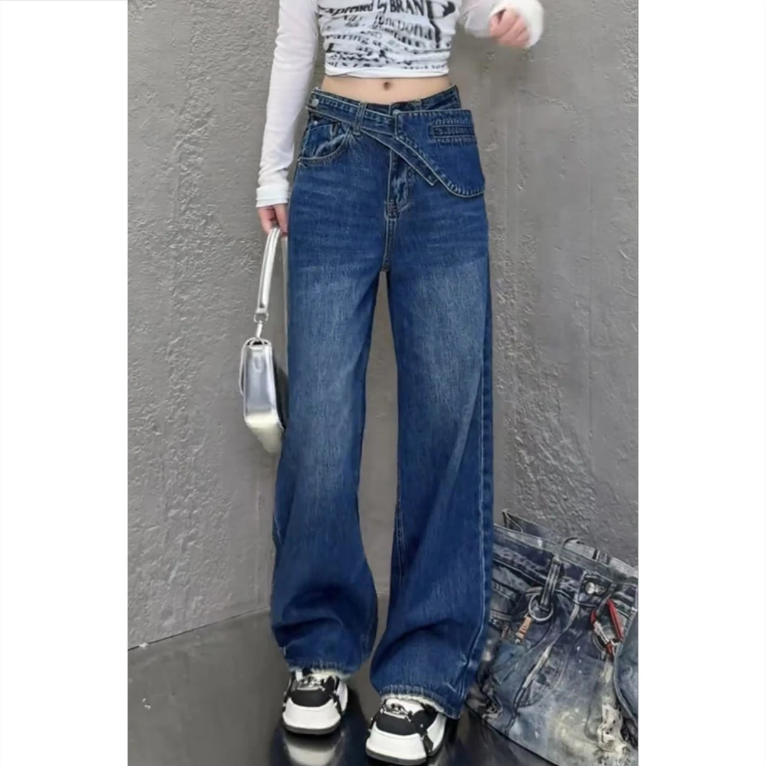 艾塔莉早秋新款女高腰复古港风常规百搭牛仔裤显瘦修身设计感秋季