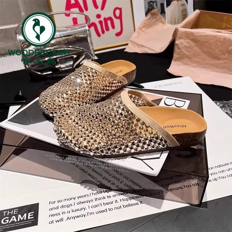 啄木鸟2025夏季水钻满钻渔网包头大头包头半拖鞋凉鞋托勃肯鞋平底