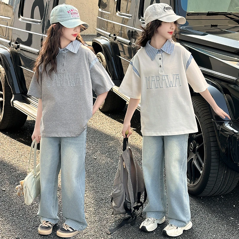 女童POLO衫短袖牛仔裤套装2025夏季6-15岁青少年休闲洋气两件套薄