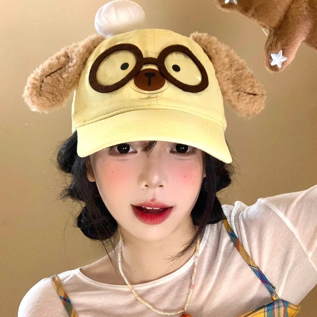 可爱眼镜小狗耳朵棒球帽女款甜美卡通显脸小鸭舌帽宽帽檐黄色帽子