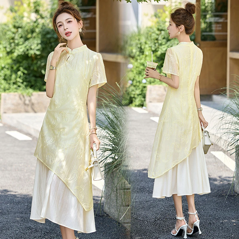 新中式国风提花连衣裙女2025夏季新款设计感拼接不规则中长款裙子