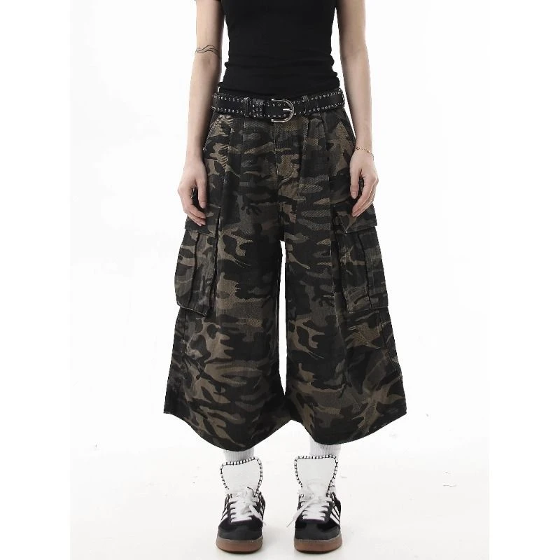 美式复古迷彩多口袋工装牛仔裤男女宽松直筒阔腿高级感七分裤短裤