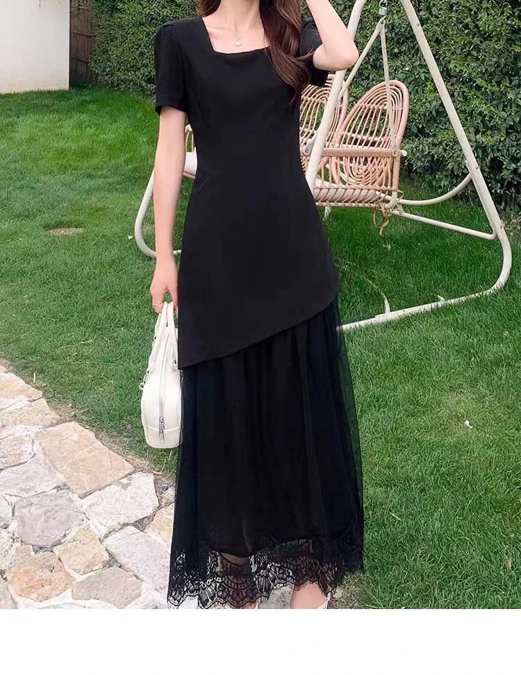邹先森2532-29夏季赫本风黑色假两件拼接修身短袖长款气质连衣裙