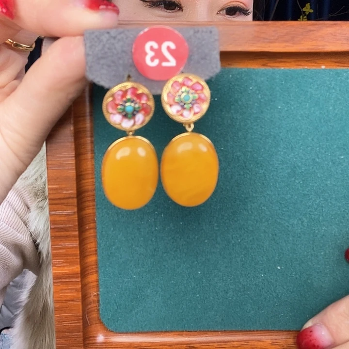 蜜蜡耳饰银S925镶嵌耳吊