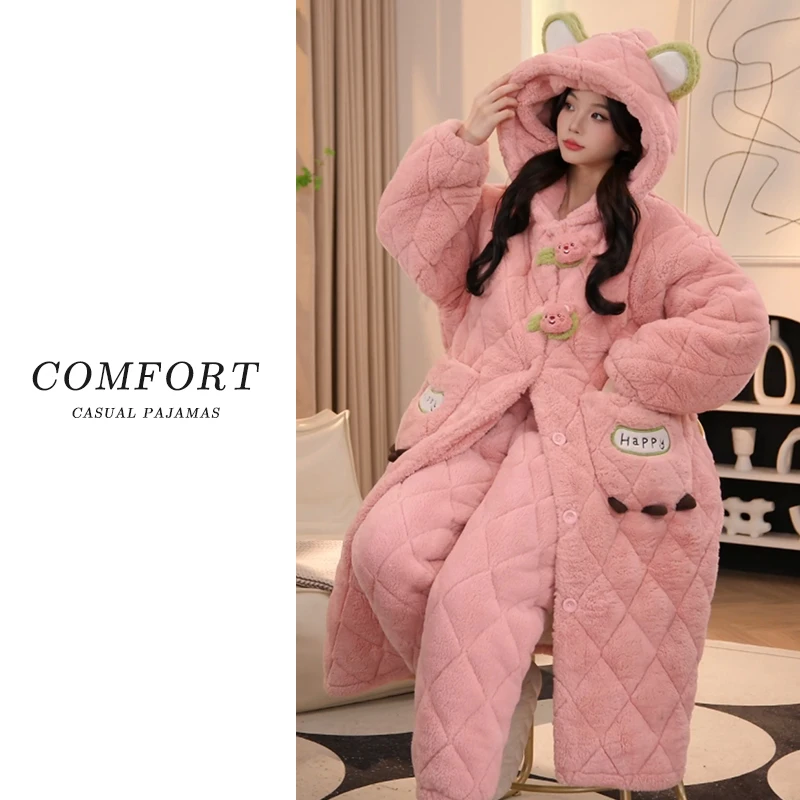 三层夹棉睡袍2024新款珊瑚绒睡衣女秋冬季加绒加厚可外穿家居服