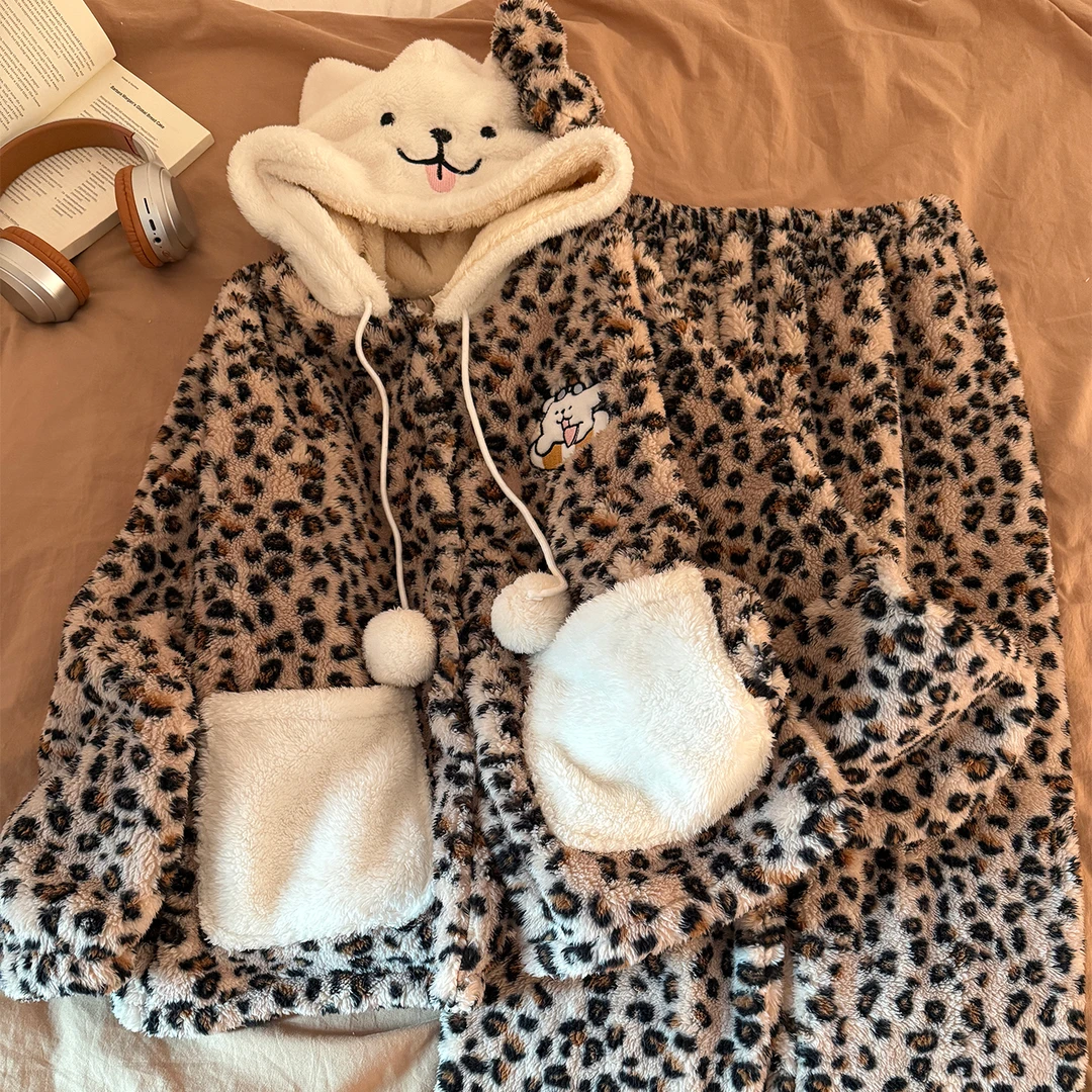 珊瑚绒睡衣女秋冬季大码加厚连帽2025新款天鹅绒豹纹狗套装家居服