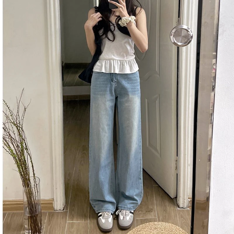 小个子窄版阔腿牛仔裤女2025春季新款宽松直筒显瘦垂感拖地裤子