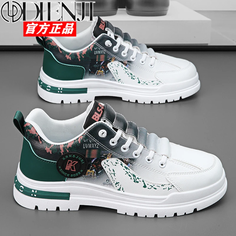 狄恩纪2025春季新款潮流百搭一脚蹬皮面休闲板鞋青少年运动潮鞋男