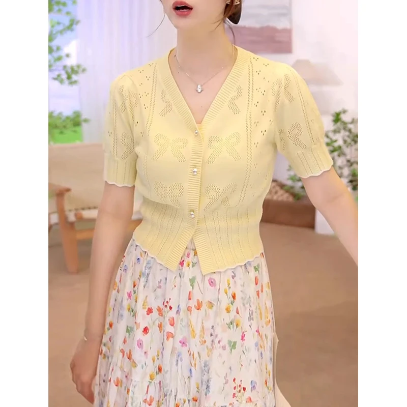 2025夏季新款镂空撞色短袖冰丝针织衫女气质优雅收腰显瘦百搭上衣