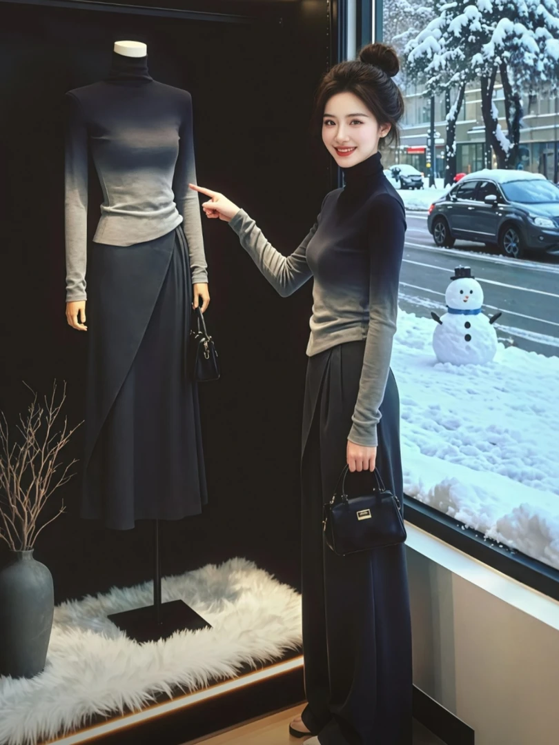 渐变色高领修身针织衫毛衣可外穿内搭女秋冬穿搭韩系显瘦辣妹上衣