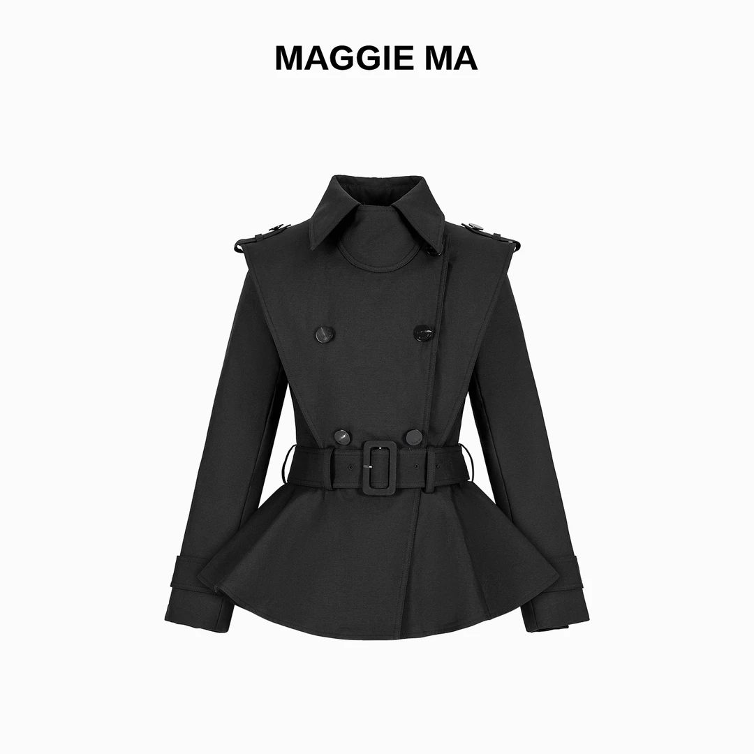 MAGGIE MA马婧设计师款黑色腰带收腰羽绒服外套436C