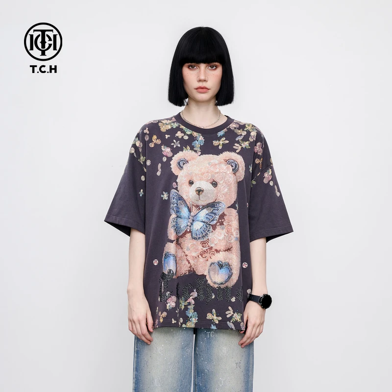 TCH 小熊蝴蝶烫钻街头潮流宽松百搭短袖T恤男女同款T75B106170