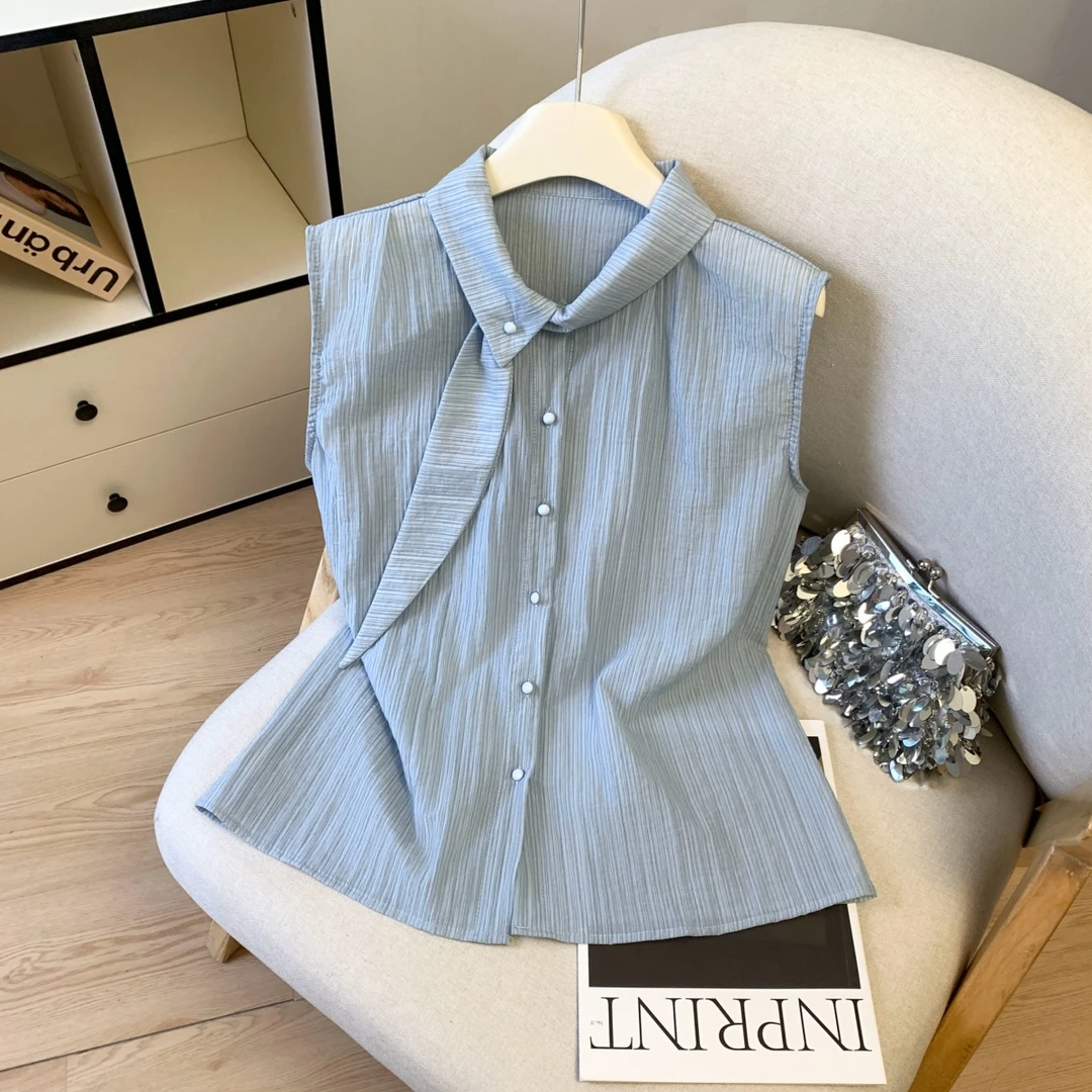 纯欲辣妹条纹无袖衬衫女装夏季设计感小众开衫宽松别致绝美小睡衣