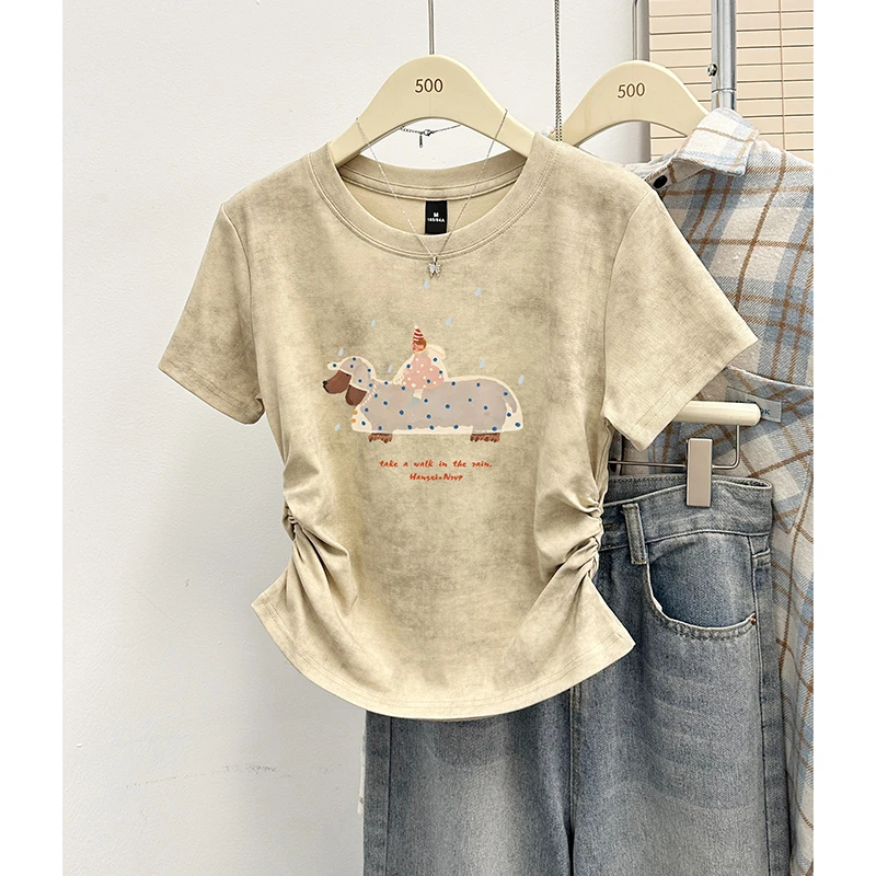 韩版ins减龄印花设计感抽褶收腰正肩扎染短袖T恤女装夏季新款上衣