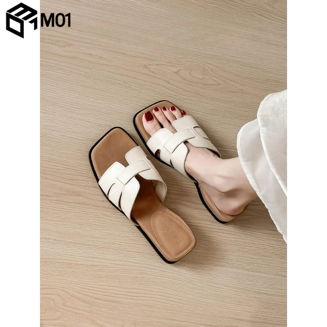 M01法式厚底编制一字拖鞋女2025年夏配裙子低跟气质坡跟沙滩凉拖