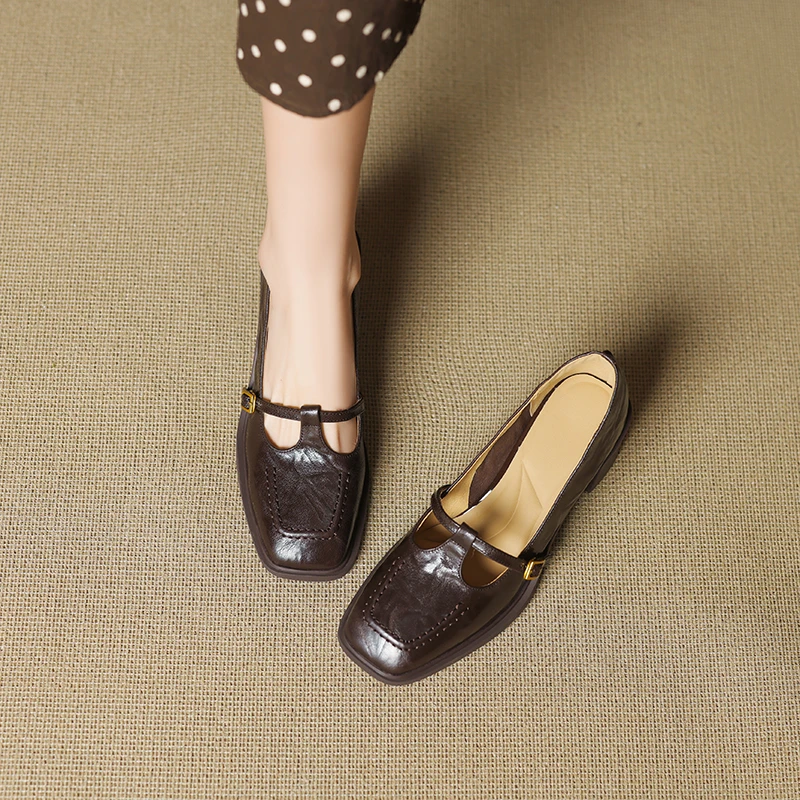 7CM，头层羊皮玛丽珍鞋软底法式单鞋粗跟高跟女士厚底粗跟皮乐福鞋