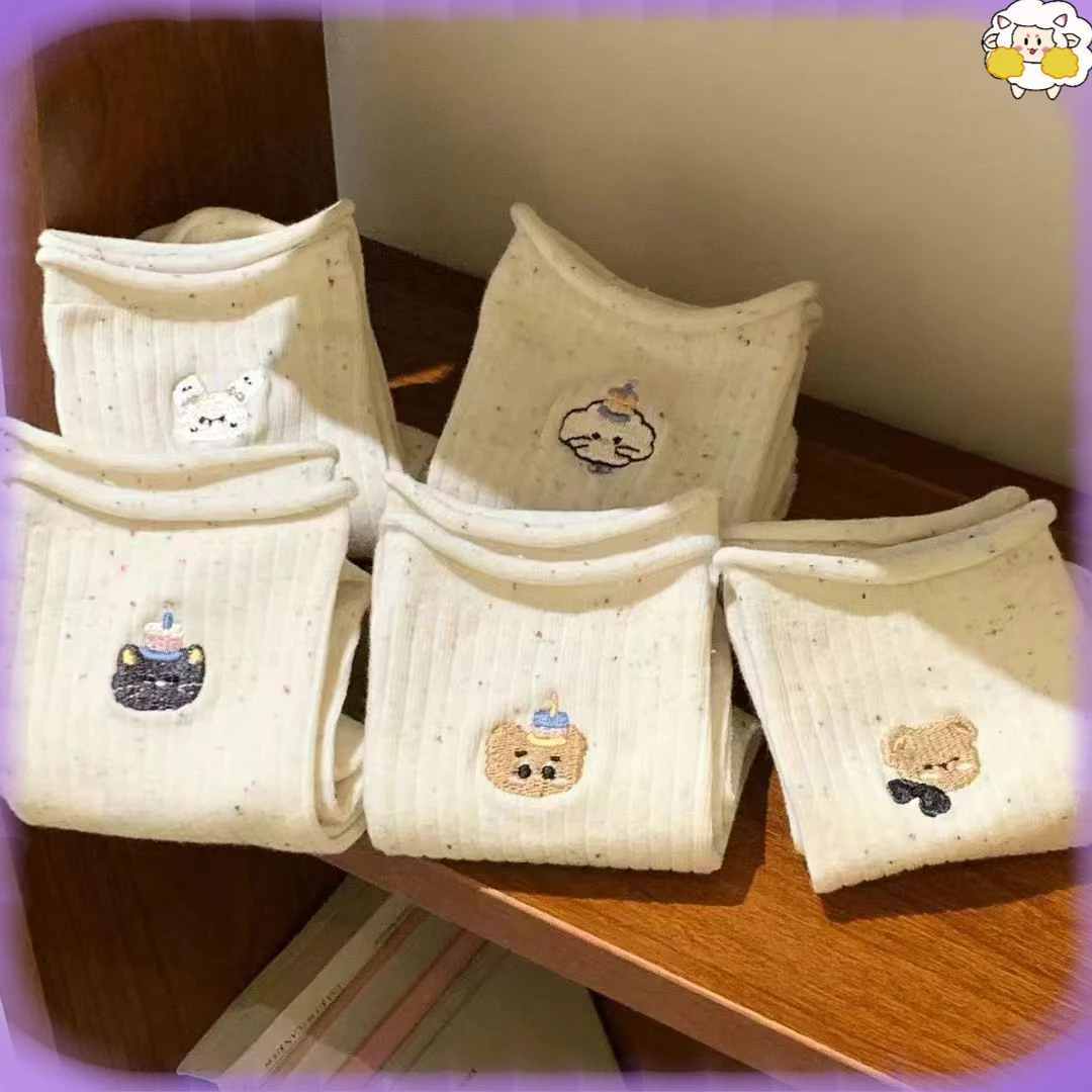 春秋可爱堆堆袜卡通ins小狗小猫印花点子纱透气中筒卷边吸汗T9