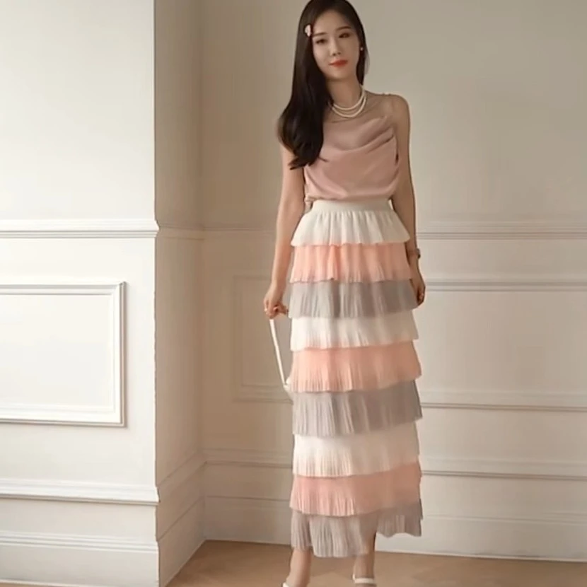 撞色设计蛋糕半身裙高腰松紧雪纺百褶裙温柔风长裙