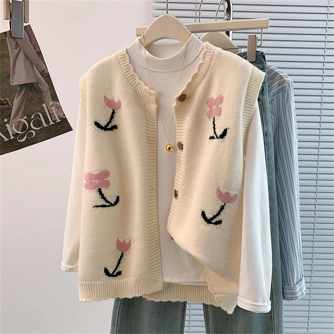 甜美风花朵刺绣针织开衫马甲女秋季大码胖MM显瘦减龄叠穿无袖上衣