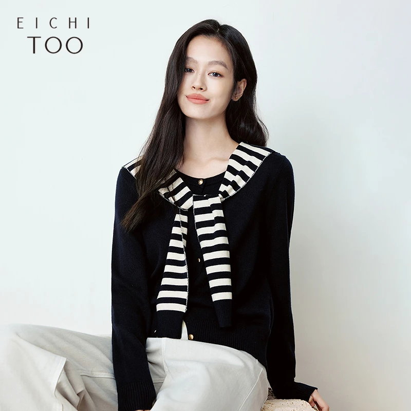 A爱居兔女2025年春季新款优雅披肩款藏青色长袖针织衫ENZAJ1Q002A