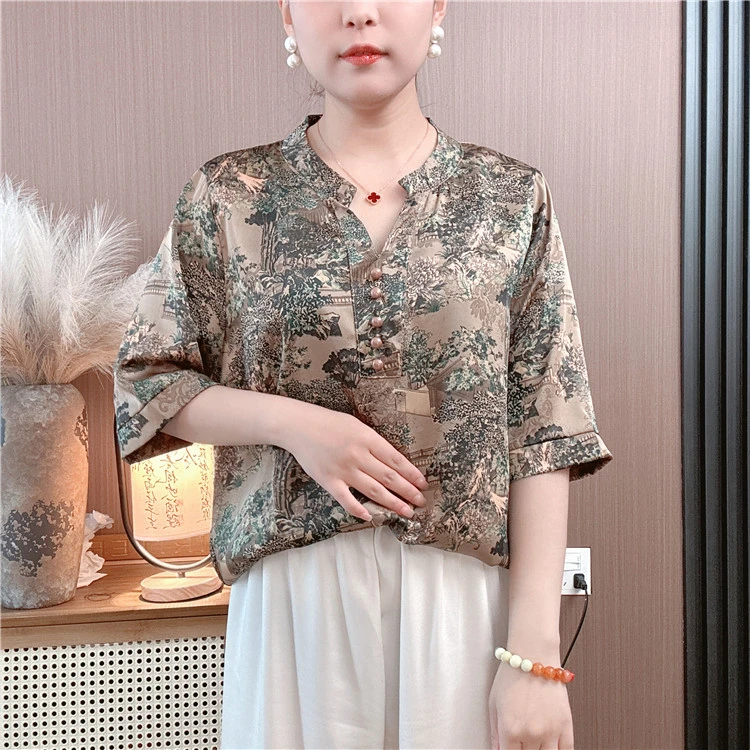 【上河图】夏季新款立领五粒扣短袖高端洋气显瘦休闲百搭气质妈妈装