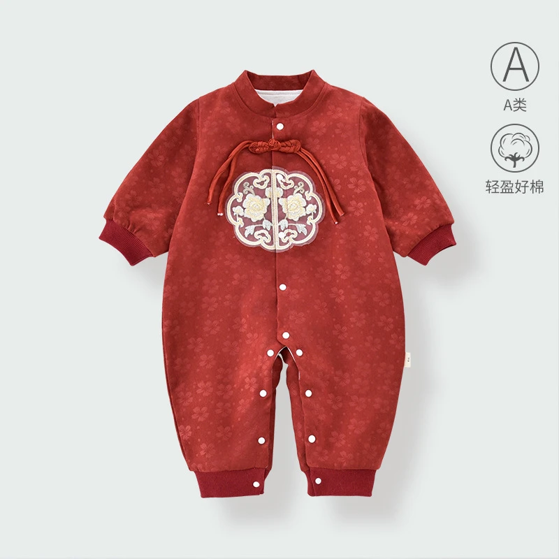 婴儿连体衣中国风春秋季周岁喜庆满月爬服哈衣百日宴宝宝衣服红色