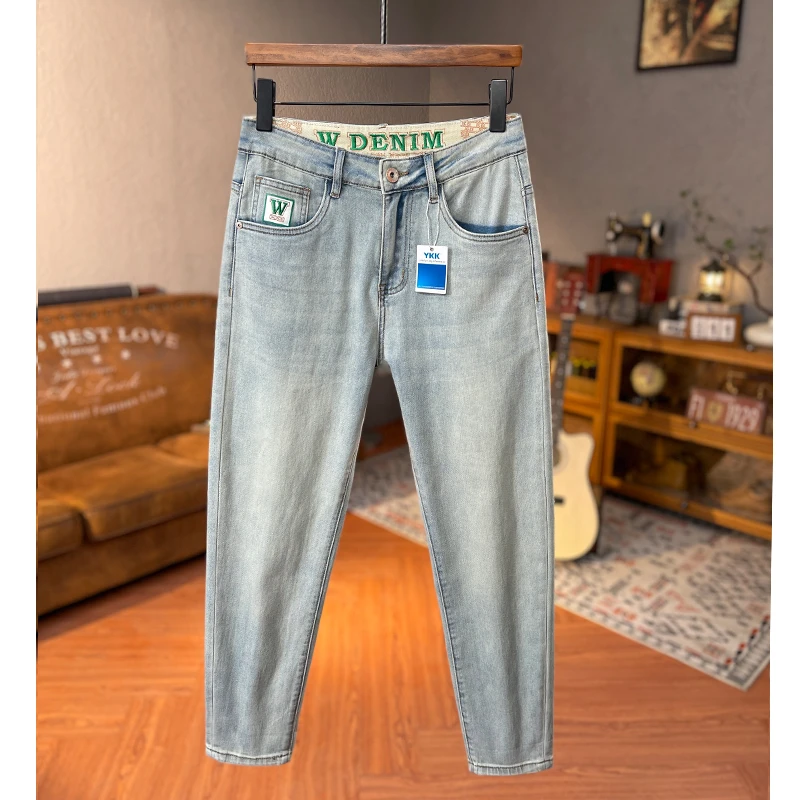 夏季薄款高端浅色水洗九分牛仔裤男士潮流百搭休闲弹力修身小脚裤