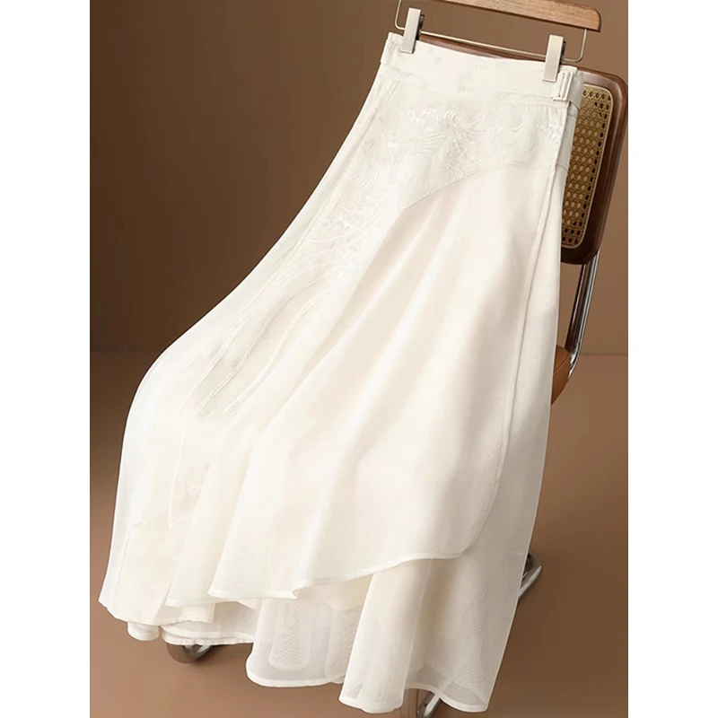 新中式国风白色凤凰刺绣半身裙女设计感a字网纱拼接旗袍中长裙子