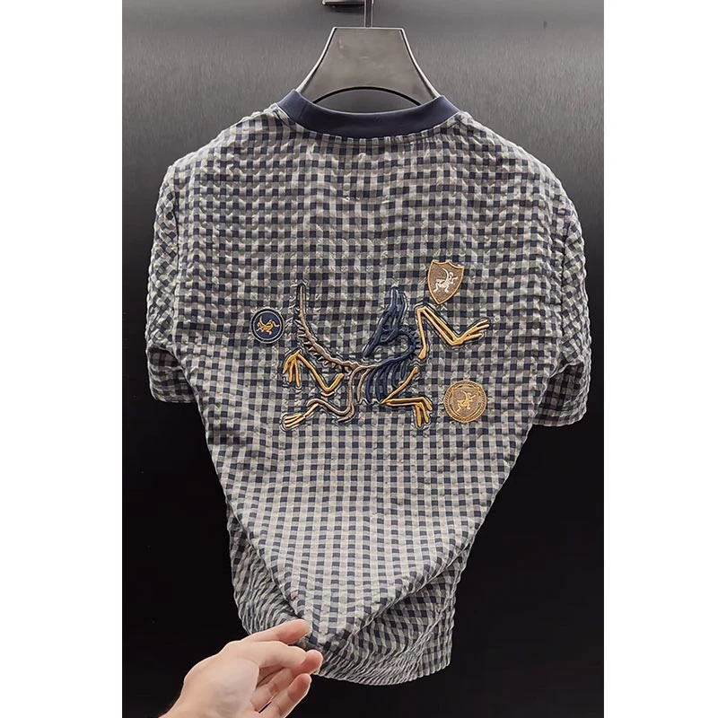 欧货轻奢高定大牌男装上衣2025夏季新款鸟家刺绣宽松格子短袖体恤