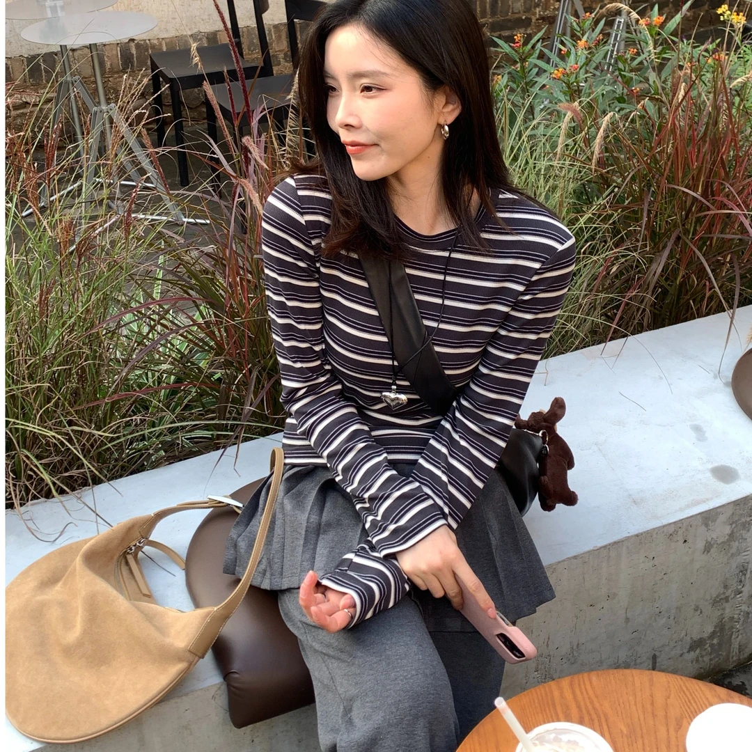 the white｜正品韩代「那白」条纹上衣长袖打底时尚韩版设计感