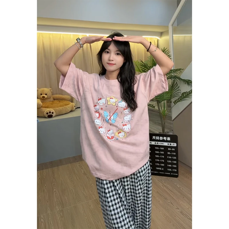 美式扎染hello kitty潮牌短袖T恤女夏季2025新款小众宽松休闲上衣