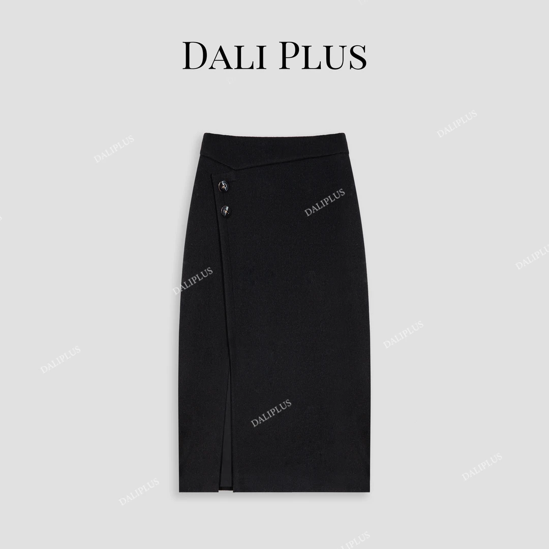 DALI PLUS重磅桑蚕丝羊 毛呢半裙 开叉高腰优雅半身裙-D4SS0326