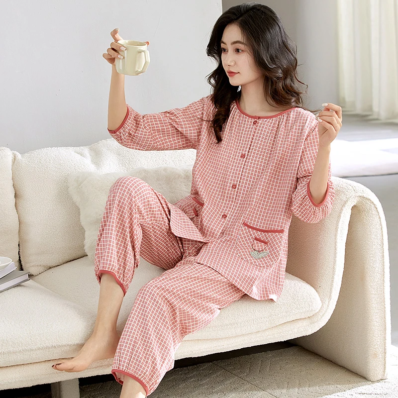 雅鹿睡衣女夏季七分袖纯棉短袖九分裤夏天薄款格子大码家居服套装