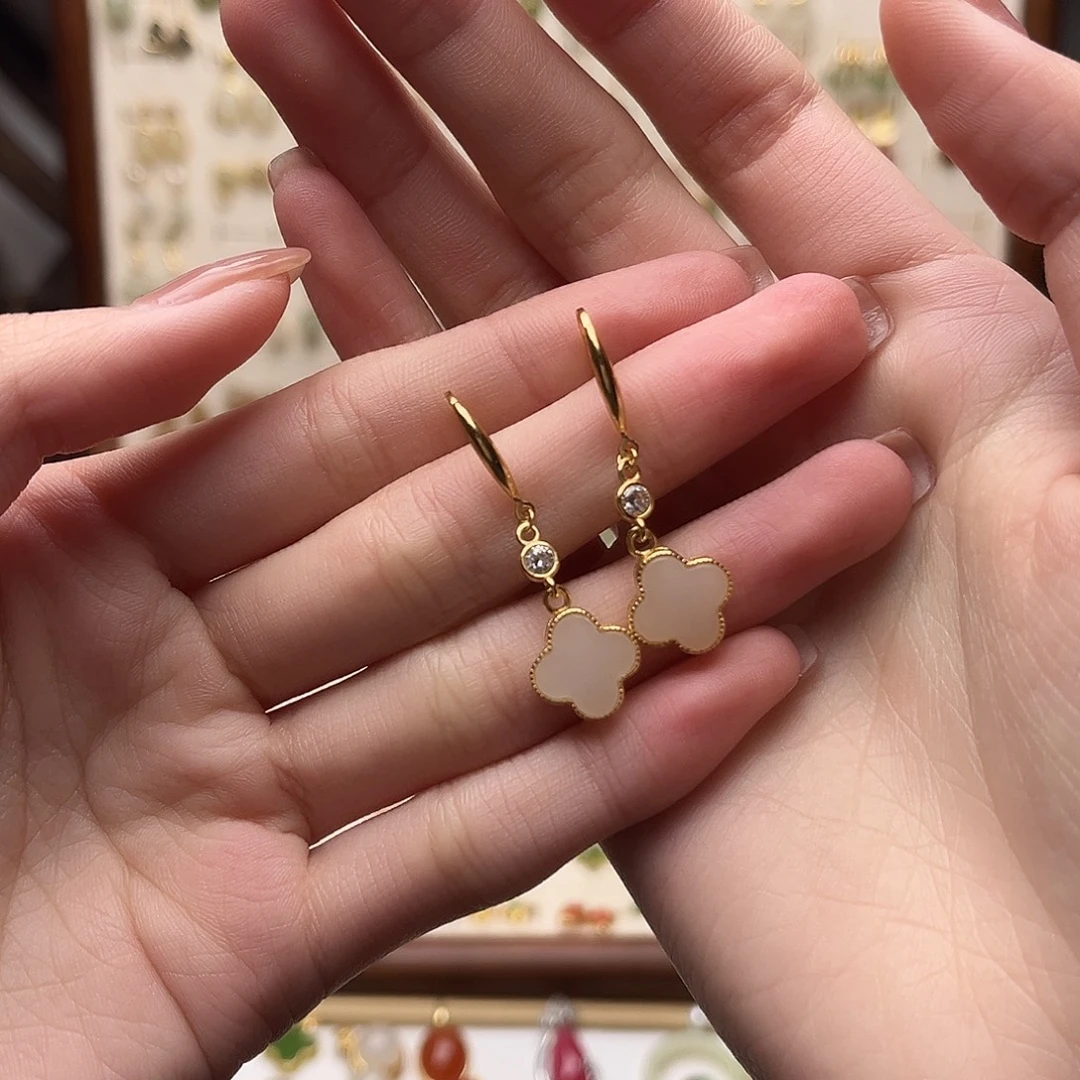 和田玉银S925镀金镶嵌耳饰